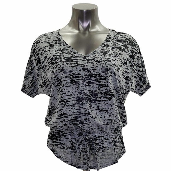 CLOUD Nine Gray & Black Static Print Short Dolman Sleeve Tie Waist Blouse - Picture 1 of 11
